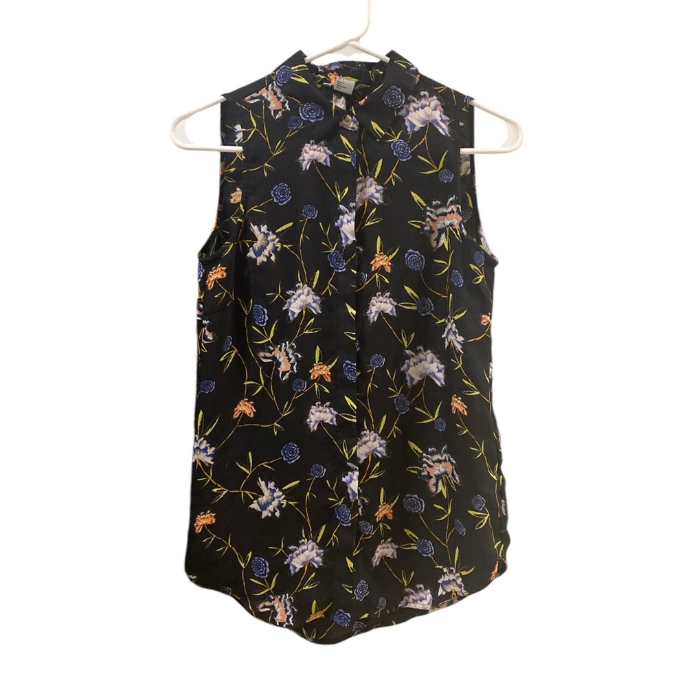 H&M Black With Floral Print Sleeveless Button Down Blouse Women’s Size 4 Top